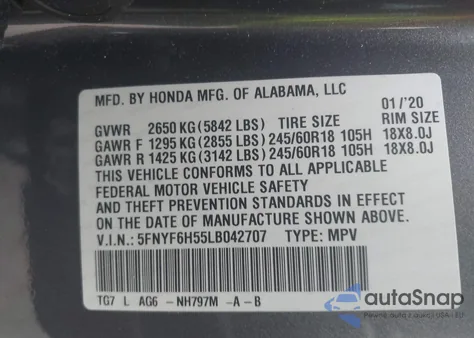 2020 Honda Pilot Awd Ex-L from USA, damaged, VIN 5FNYF6H55LB042707